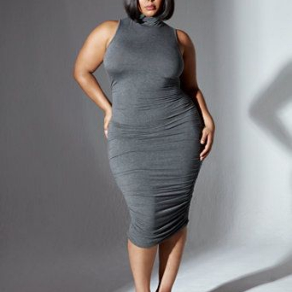 ANGELINA SLEEVELESS RUCHED MIDI DRESS